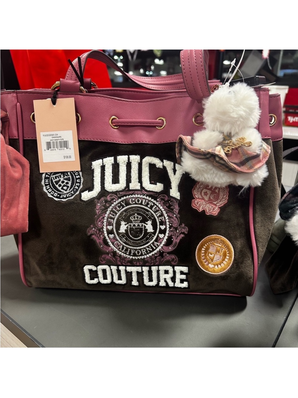 Juicy Couture Brown and Pink Logo Tote with Plush Charm